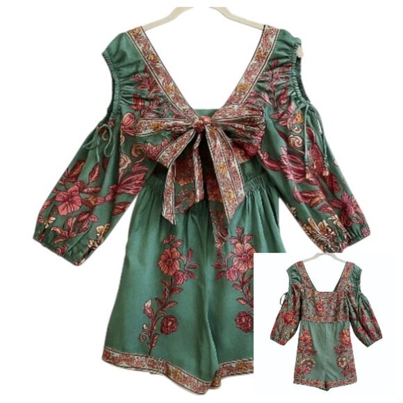 Farm Rio Anthropologie Green Floral Puff Sleeve Romper S - Picture 1 of 14
